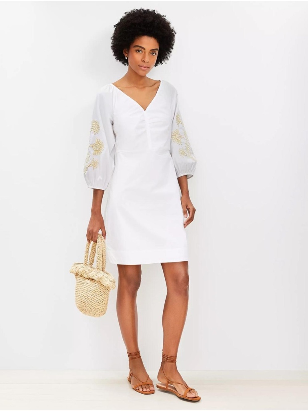 LOFT White V-Neck Puff Sleeve Mini Dress